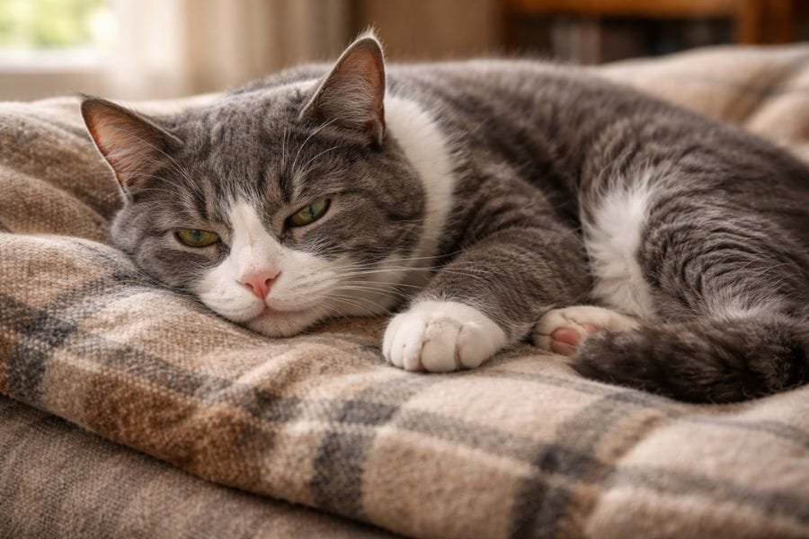 Cat showing signs of lethargy and digestive upset after eating processed food