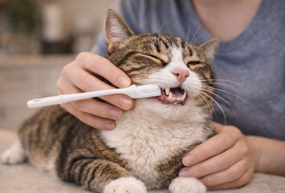 Brushing a cat’s teeth with cat-safe toothpaste in a home setting for blog readers