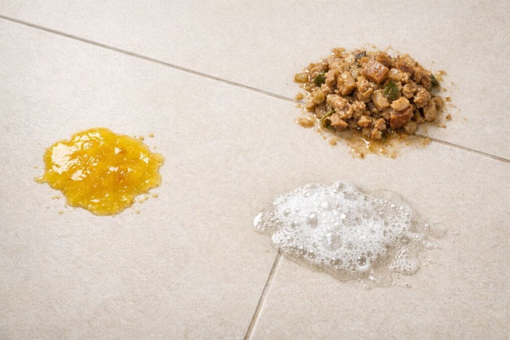Various types of cat vomit including yellow bile, undigested food, and foam, explaining what cat vomit looks like