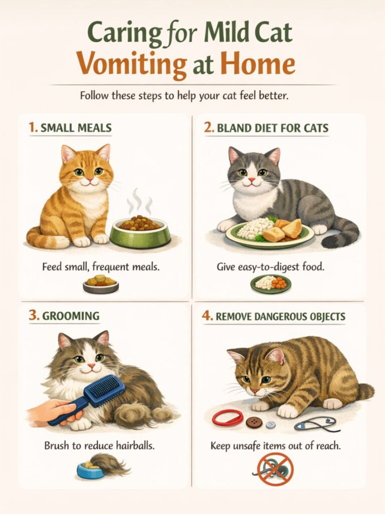 Infographic showing home care steps for mild cat vomiting, including small meals, bland diet, grooming, and removing hazards