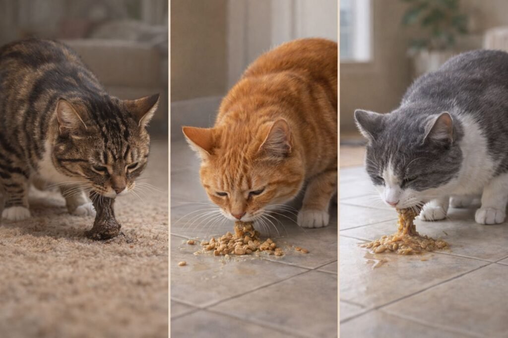 Comparison of vomiting, regurgitation, and hairballs in cats, showing differences for educational purposes