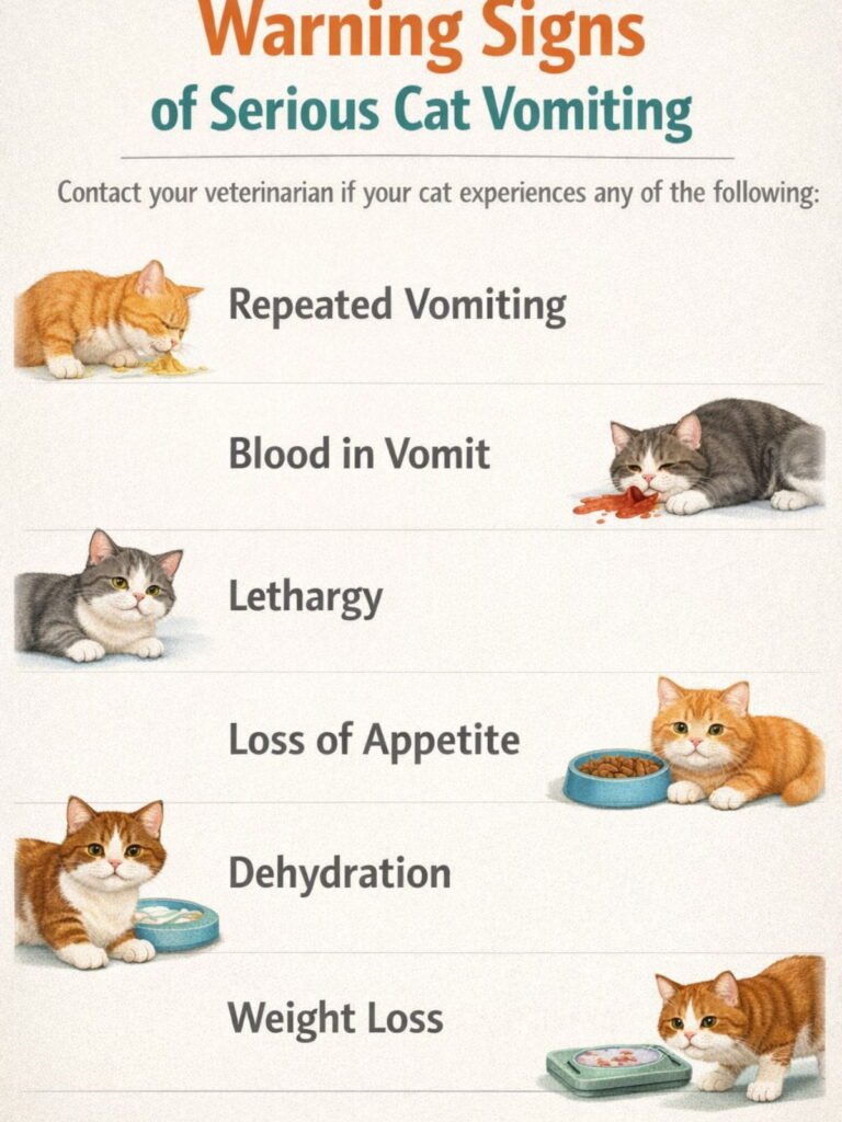 Infographic showing warning signs of serious vomiting in cats, including blood, lethargy, dehydration, and weight loss