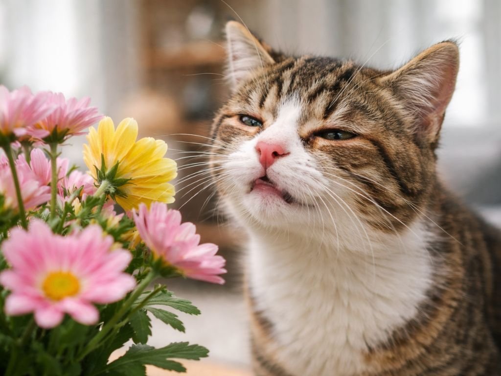 Indoor cat reacting to allergies or food triggers that cause sneezing