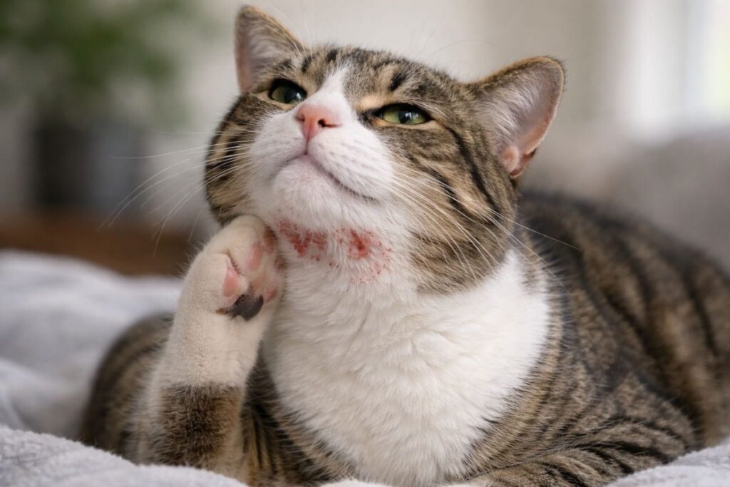 Cat scratching chin showing redness and scabs caused by chin mites