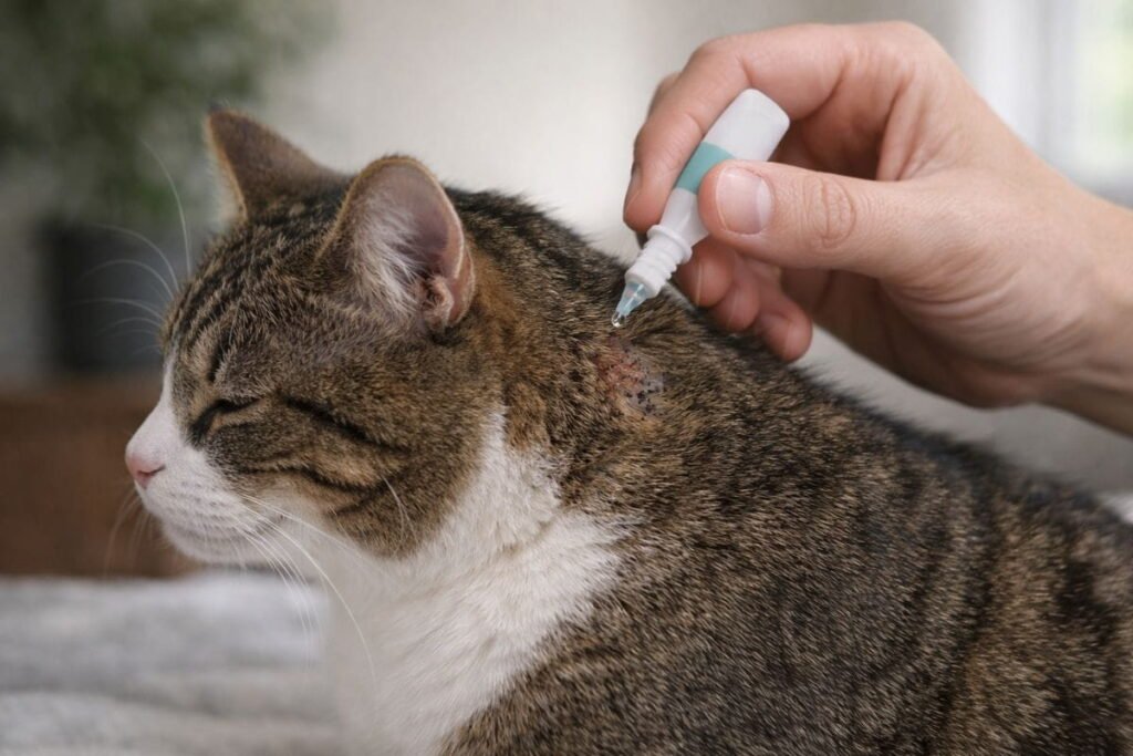 Applying anti-parasitic treatment to cat for chin mites