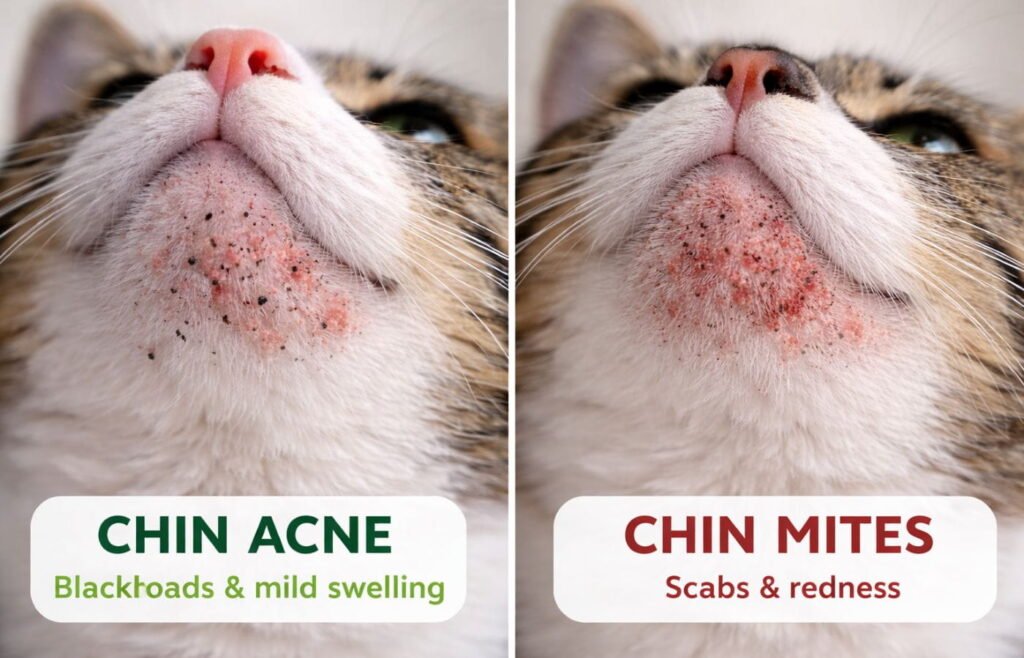 Visual comparison of cat chin acne versus cat chin mites symptoms