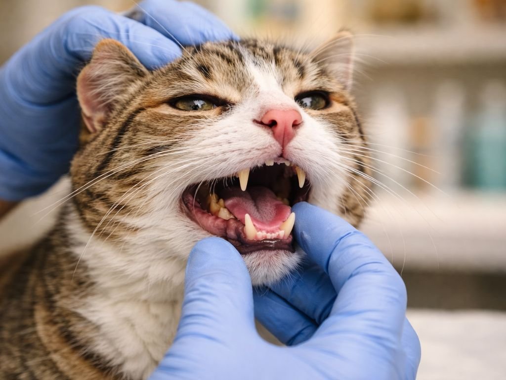 Cat with dental problems being examined by veterinarian, illustrating cause of sneezing