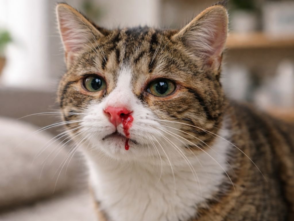 Cat sneezing with blood, indicating emergency, indoor environment