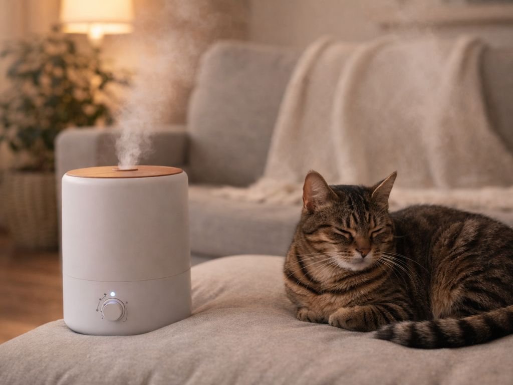 Cat resting near humidifier for nasal relief, cozy home