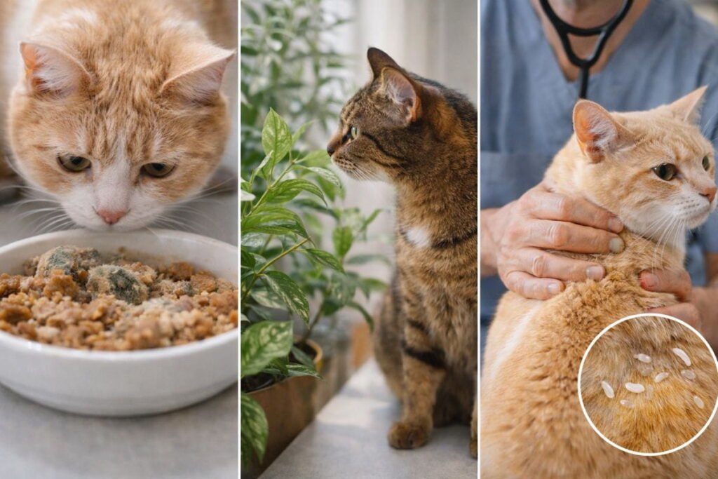 Causes of cat diarrhea including food sensitivity, intestinal parasites, and toxin ingestion in cats