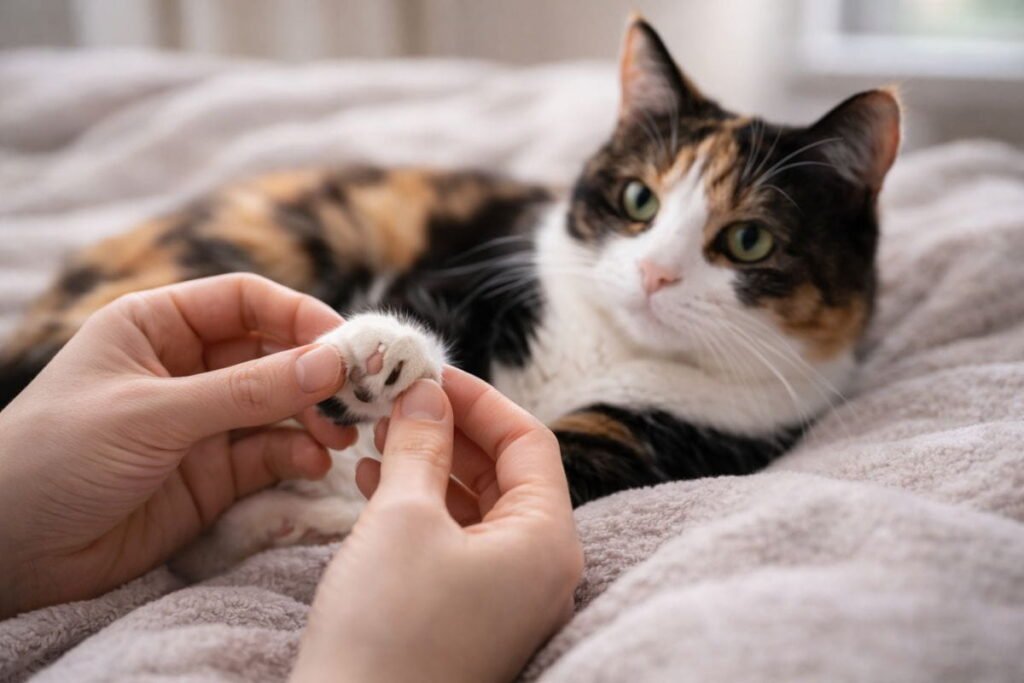 Owner checking cat’s paw at home, safely inspecting for limping or injury
