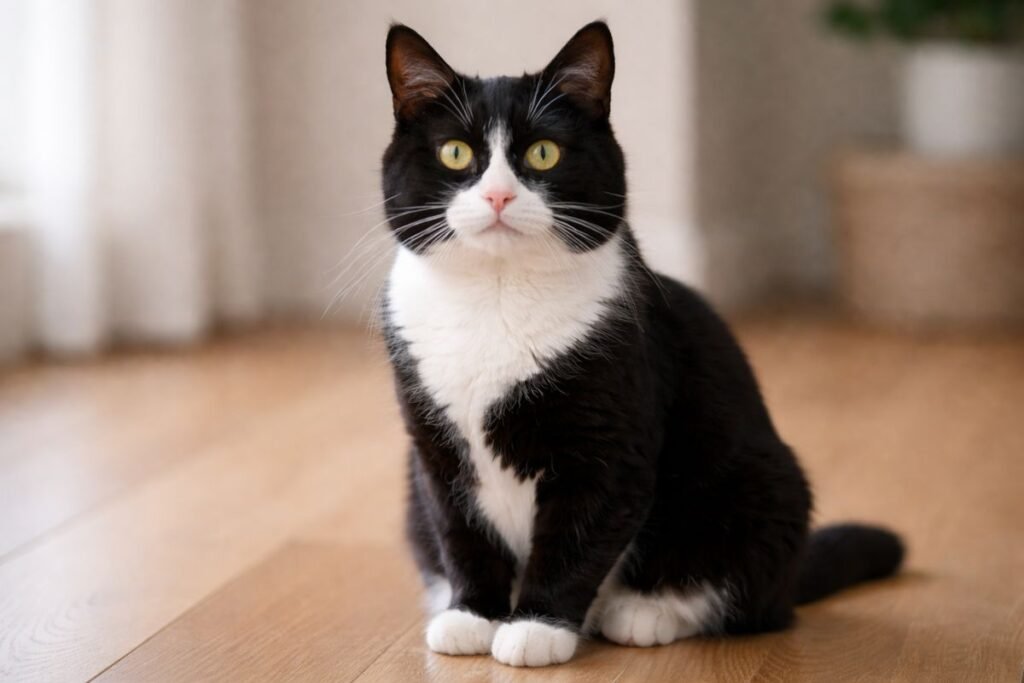 Calm black and white domestic shorthair cat used for choosing the perfect cat name