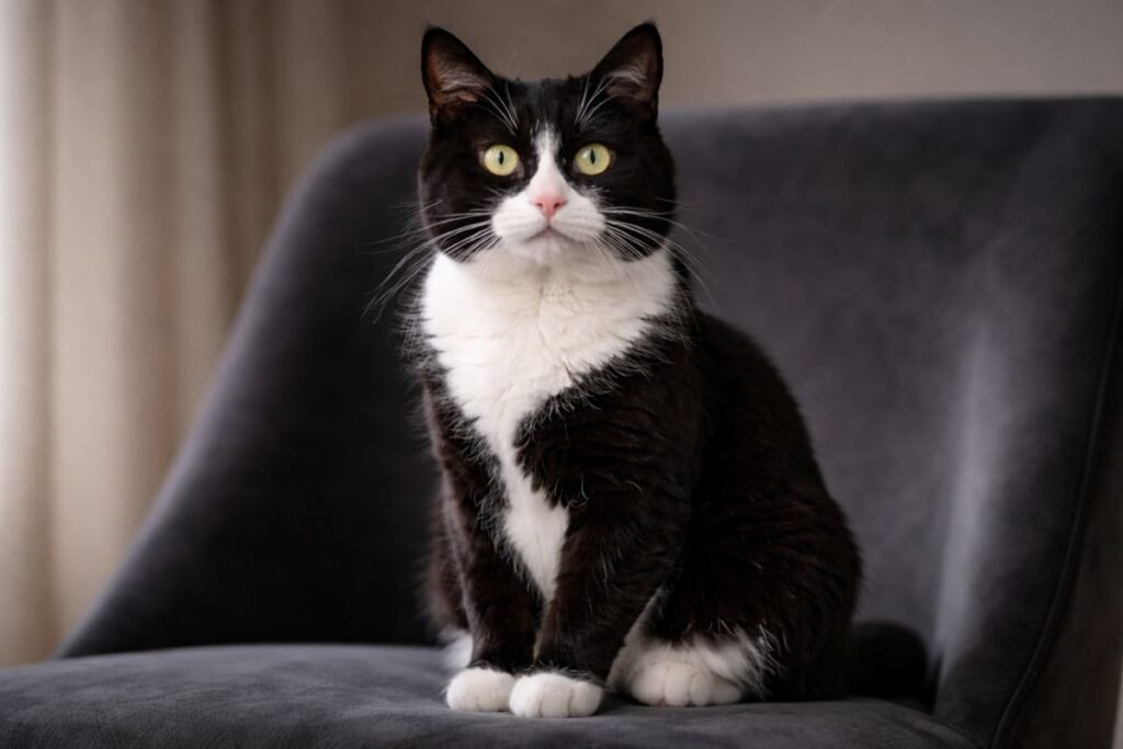 Elegant British Shorthair black and white cat symbolizing classic cat names