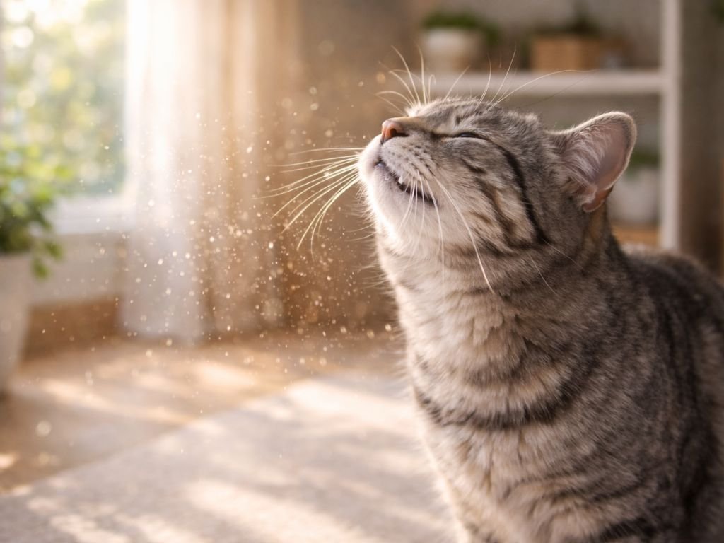 Cat with watery eyes and nasal discharge, illustrating common causes of sneezing