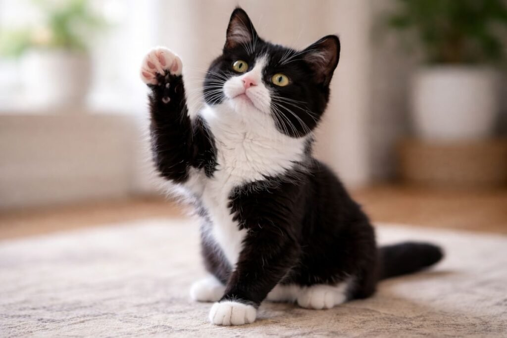 Cute black and white kitten with playful pose inspiring funny cat names