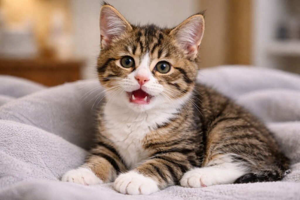 Kitten with mouth ulcers due to calicivirus infection in cats