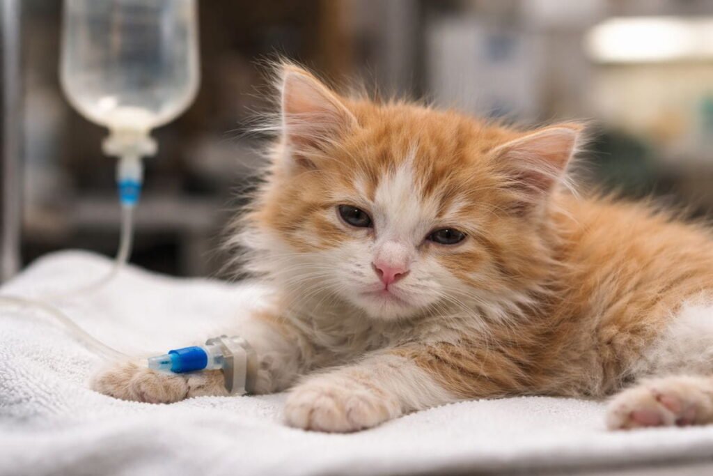 Sick kitten receiving treatment for feline panleukopenia virus FPV