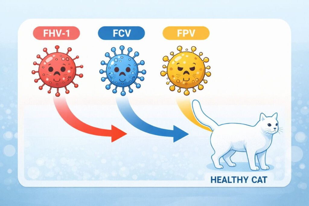 Diagram showing FVRCP vaccine protection against FHV-1, FCV, FPV viruses