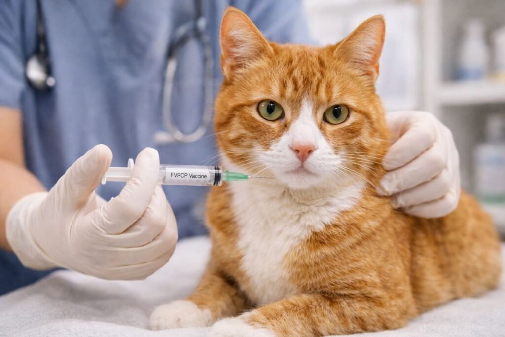 Cat receiving FVRCP vaccine showing immune system response