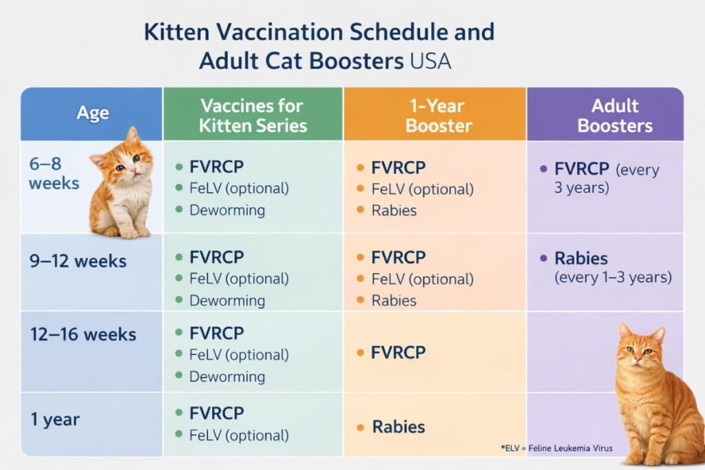 Infographic showing FVRCP vaccine schedule for kittens and adult cats