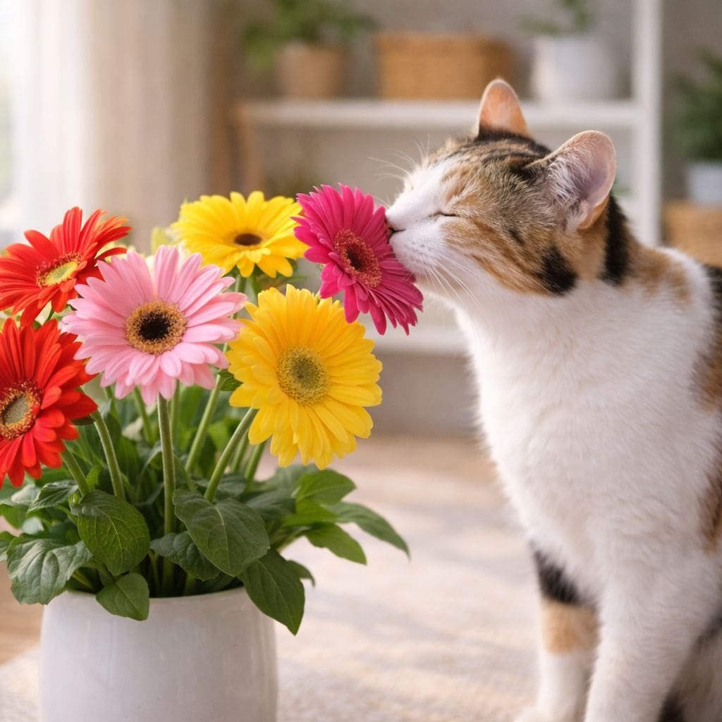 Calico cat sniffing colorful gerbera daisies safely indoors