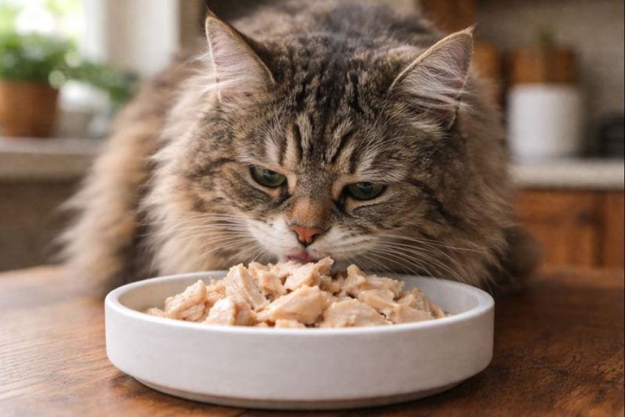 Cat eating plain cooked chicken as a healthy alternative to processed meat
