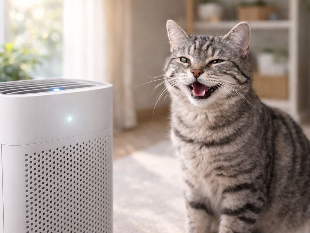 Healthy indoor cat near air purifier, preventing sneezing