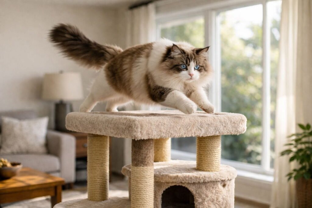 Close-up of heavy-duty cat tree features for large cats including thick sisal posts and wide platforms.