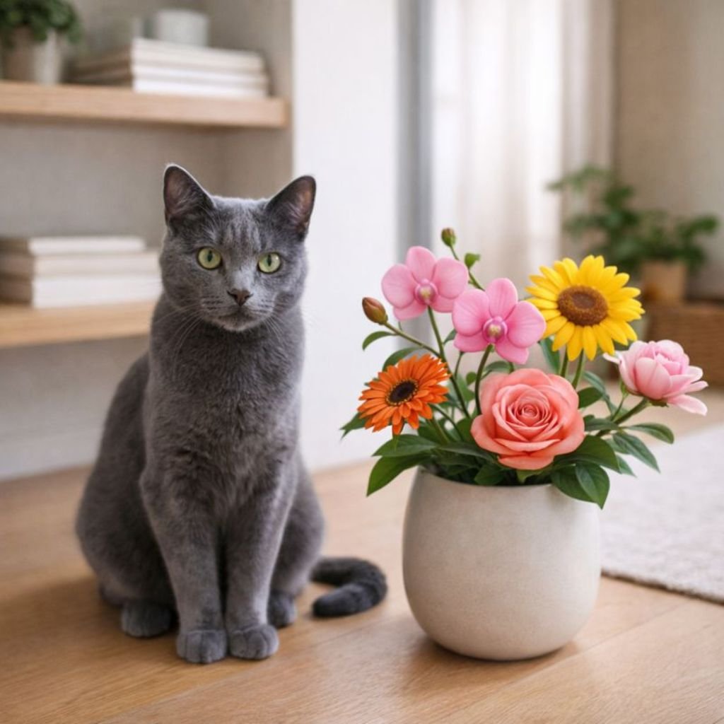 Russian Blue cat near safe floral arrangement in modern home