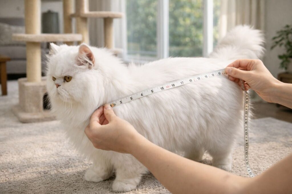 Measuring a large cat to choose the right cat tree for large cats with wide stable platforms.