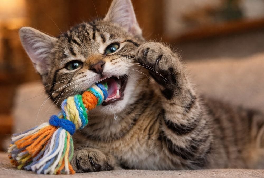 Kitten showing signs of teething, chewing and drooling for educational blog