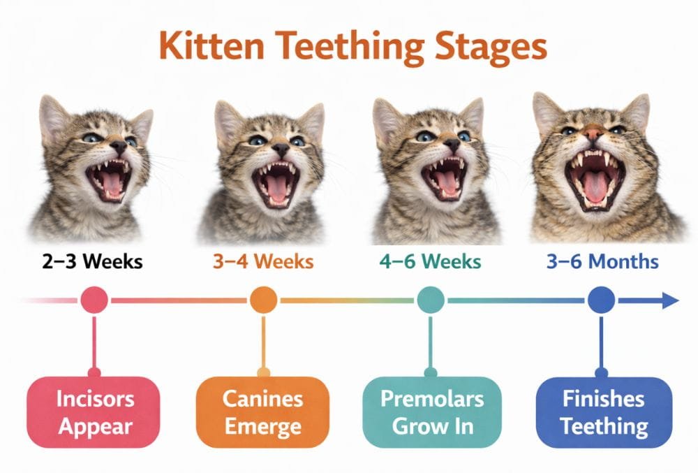 Kitten teething timeline showing stages of tooth development from 2 weeks to 6 months