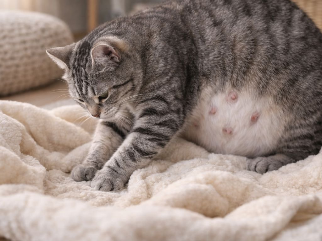 Pregnant cat showing visible belly growth and nesting behavior