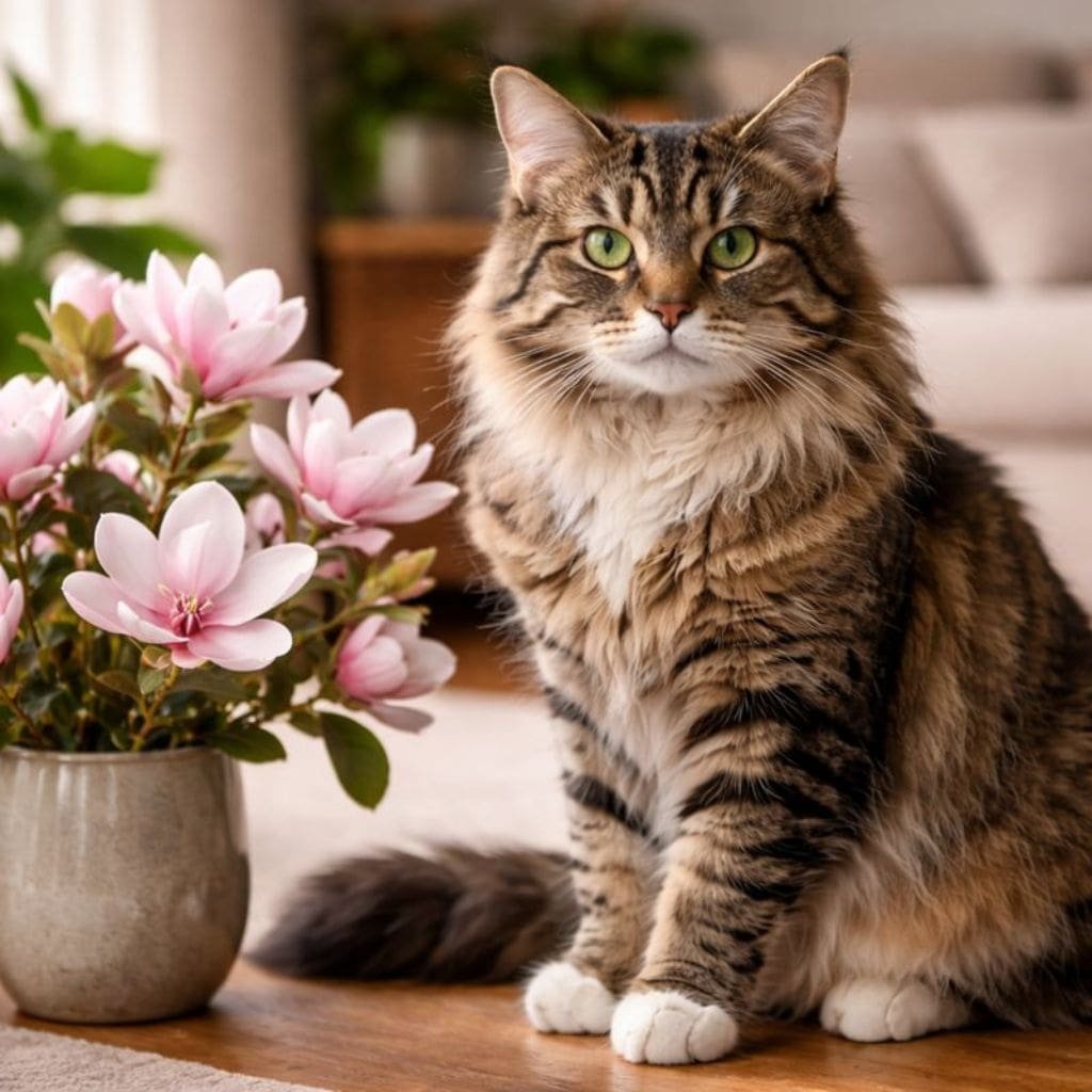 Maine Coon cat sitting near magnolia flowers indoors safely
