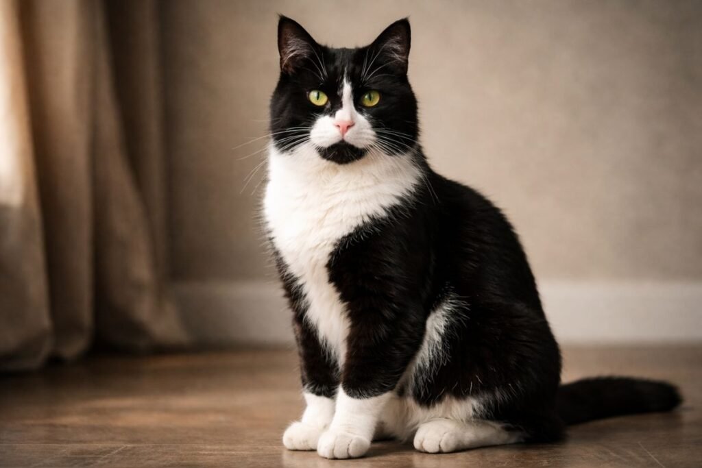Male black and white tuxedo cat representing boy cat name ideas