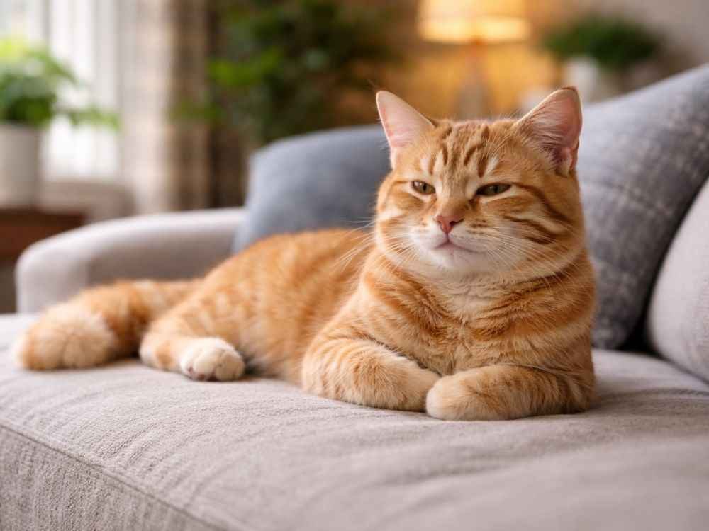 Neutered male cat calmly sitting and relaxing indoors