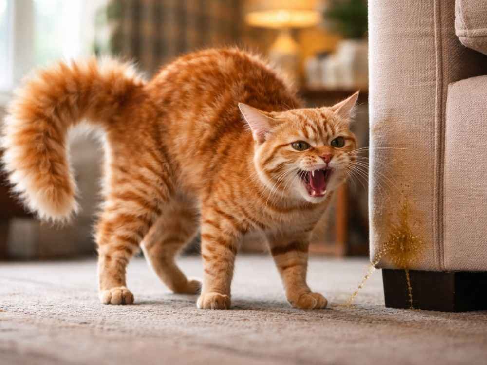 Unneutered male cat showing aggressive behavior and spraying indoors