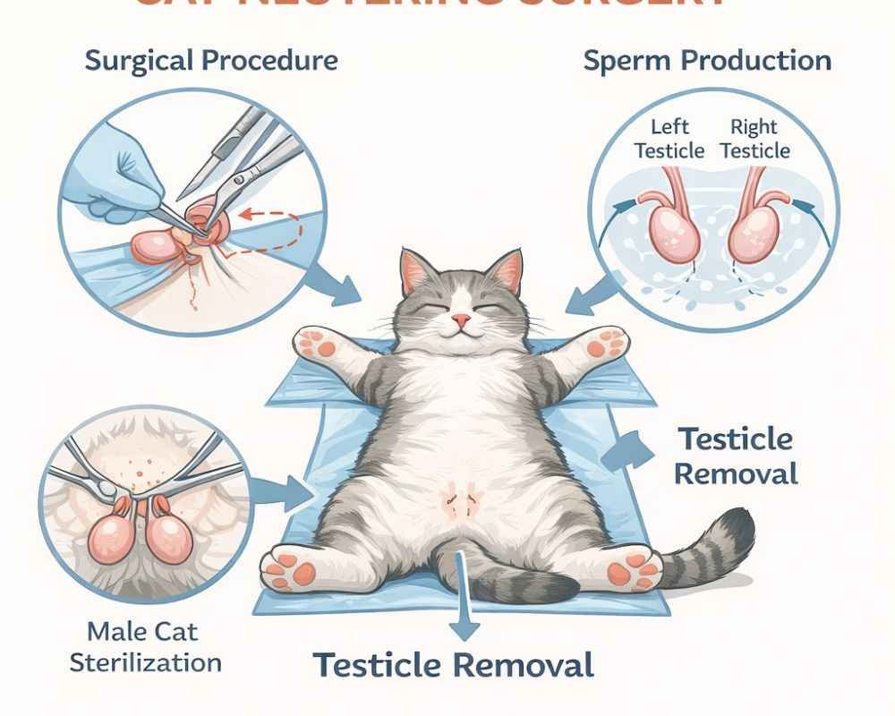 Diagram showing male cat neutering surgery and testicle removal