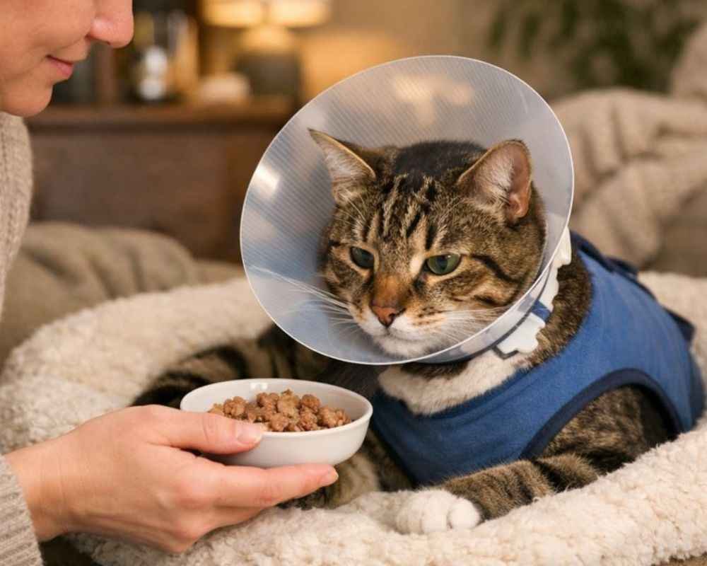 Owner providing post-operative care to a male cat with e-collar and quiet resting area