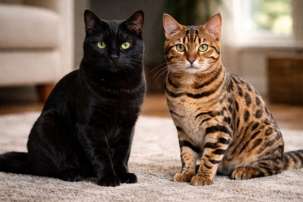 Melanistic Bengal cat next to spotted Bengal cat showing differences in coat patterns, realistic home photography