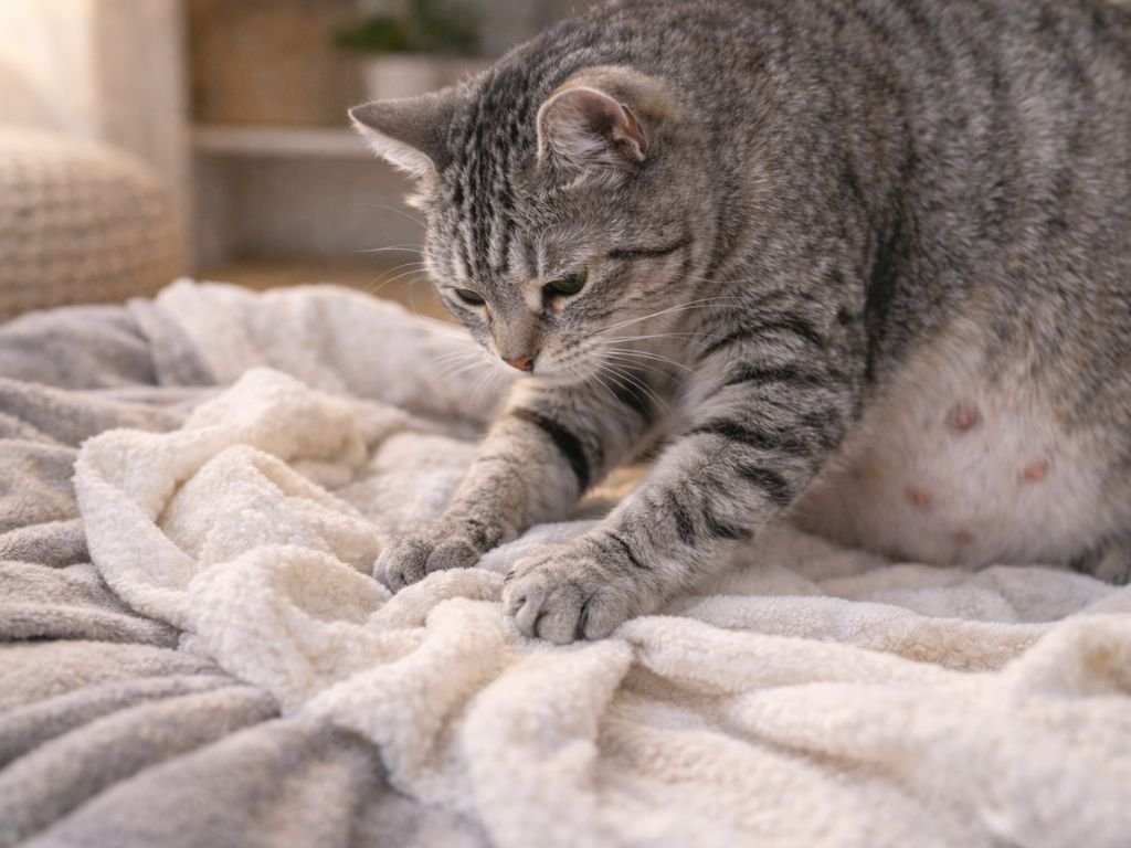 Pregnant cat preparing nesting area for labor