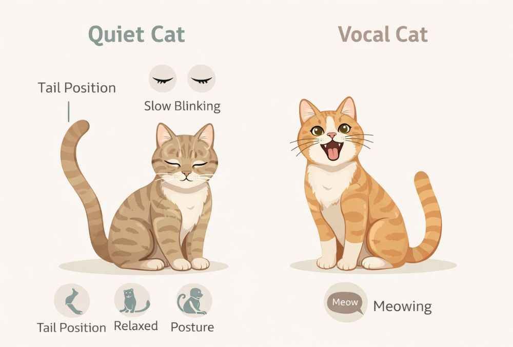 infographic showing normal quiet cat vs vocal cat behavior