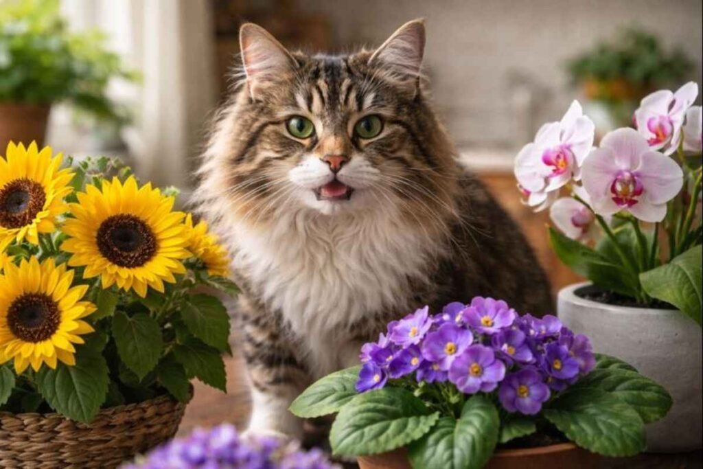 Norwegian Forest cat surrounded by pet-safe flowers like sunflowers, orchids, and African violets, showing safe alternatives to roses.