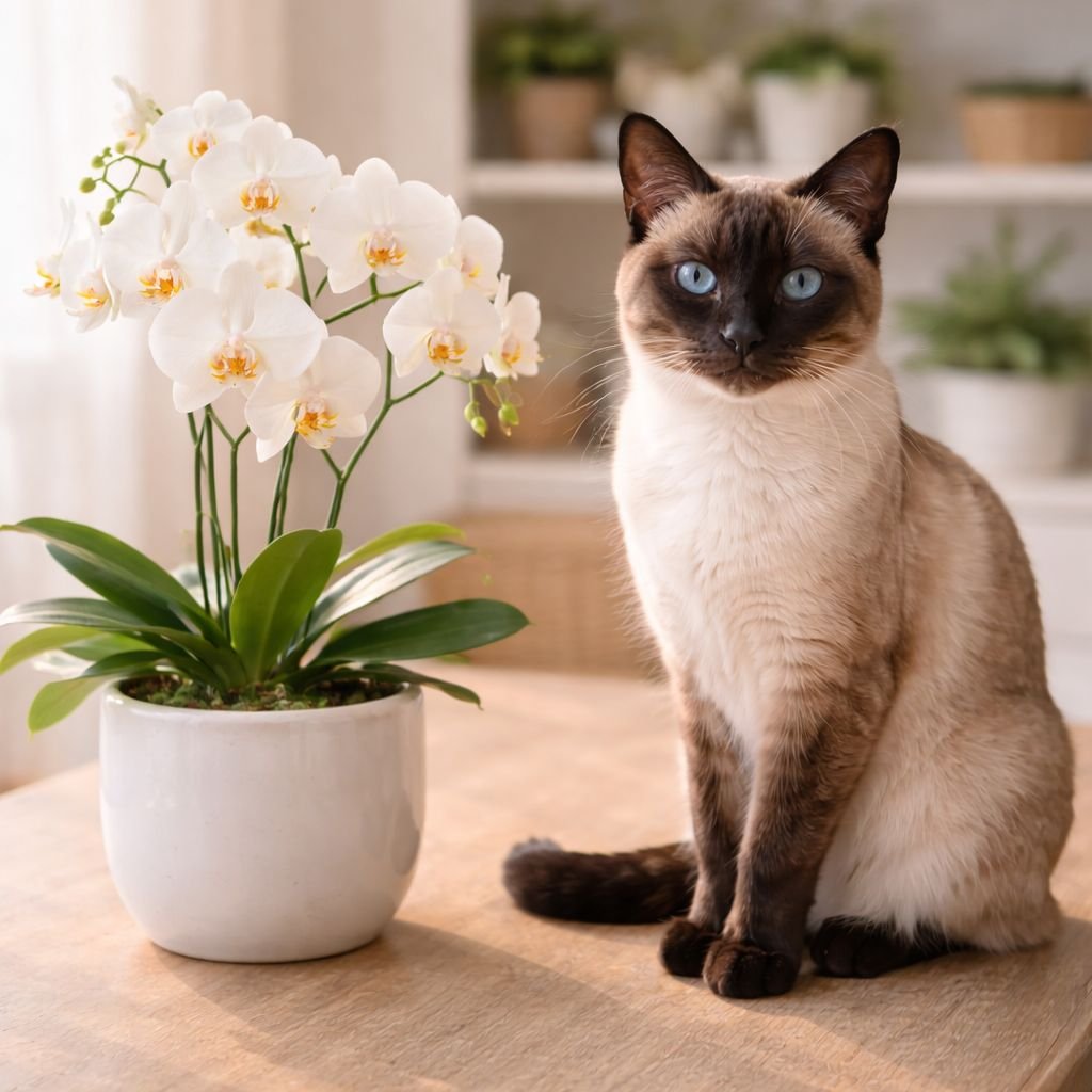 Siamese cat near elegant orchids in minimalist indoor setup