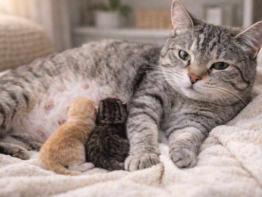Mother cat with newborn kittens, postpartum care for cats
