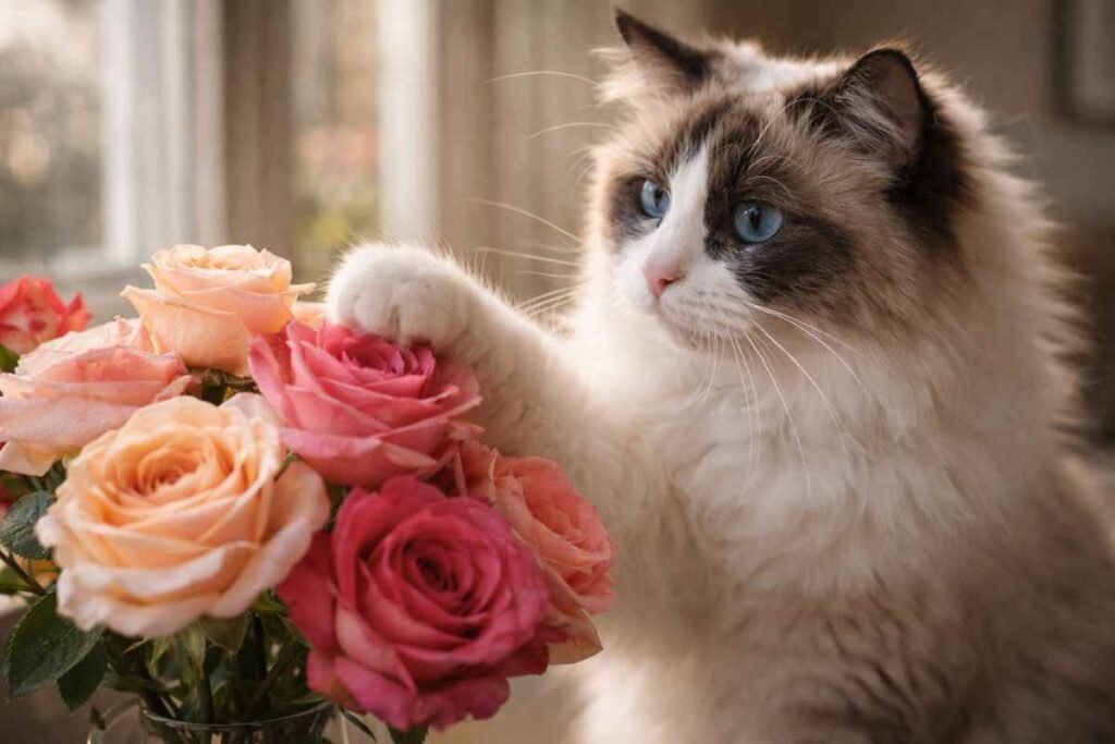 Ragdoll cat pawing at a bouquet of roses safely indoors, showing cats exploring pet-safe flowers.