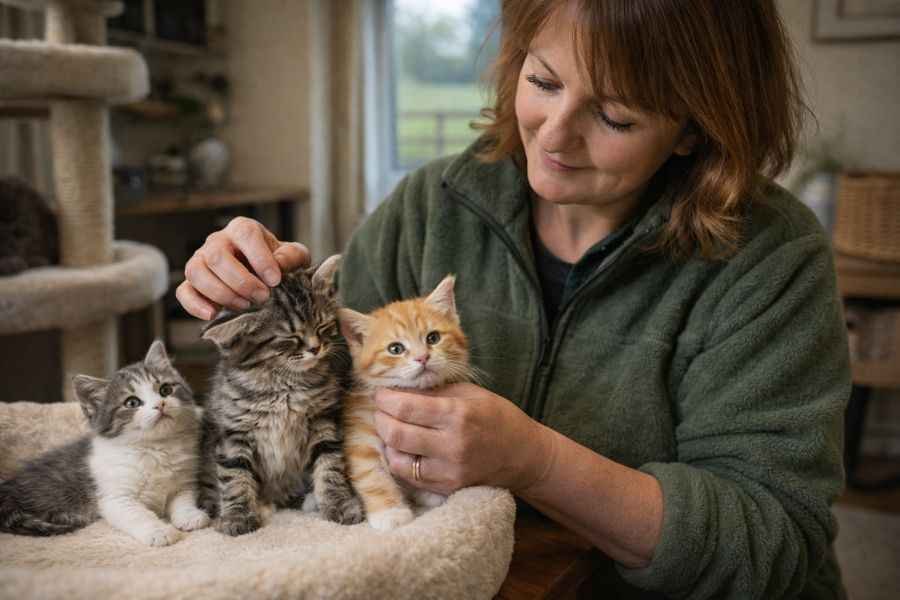 Reputable cat breeder in Scotland caring for young kittens