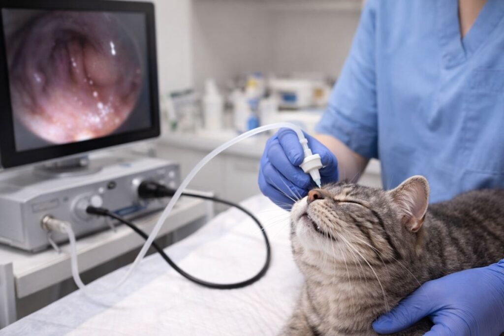 Vet performing rhinoscopy on cat for nasal issues, clinical setting