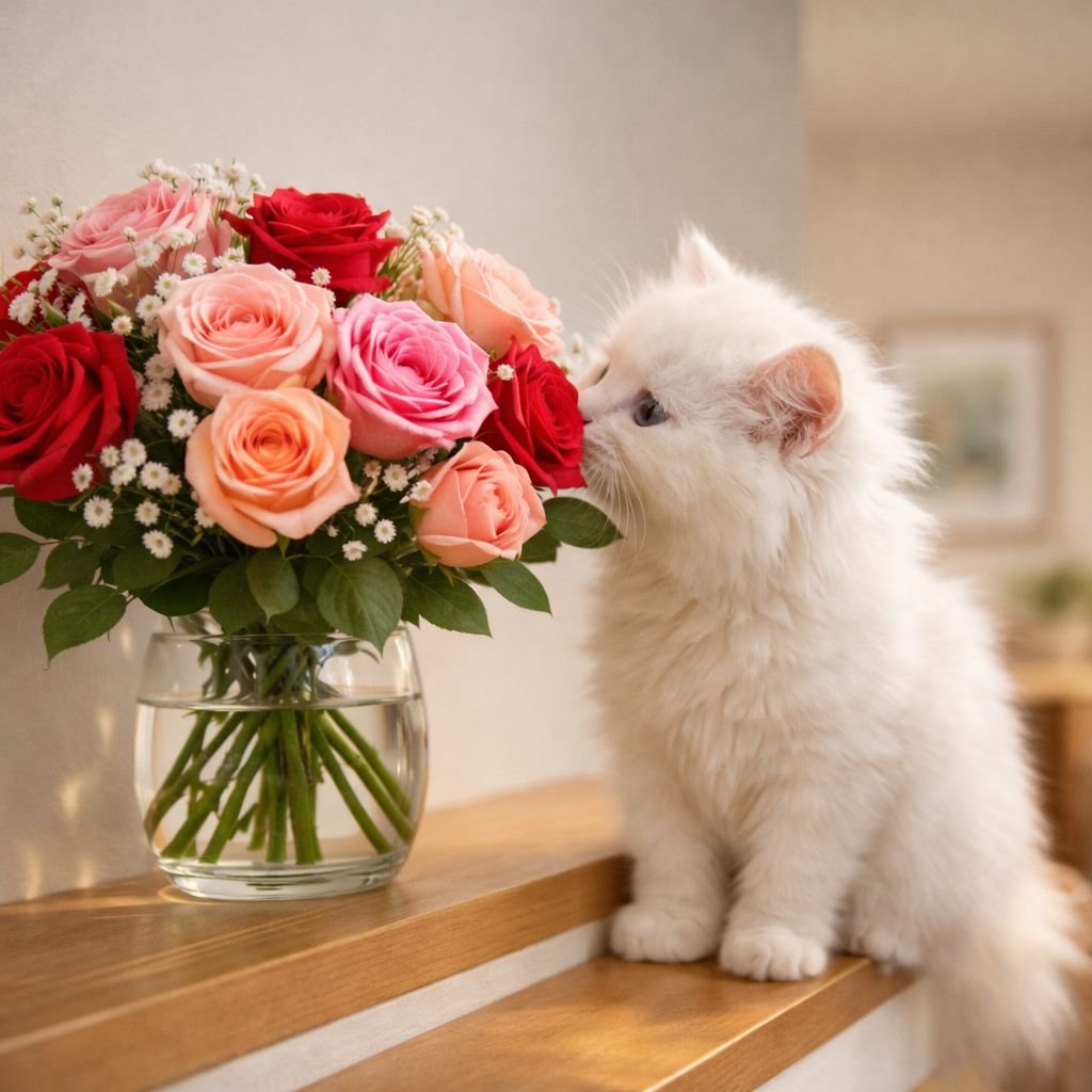 White Persian kitten smelling roses in a safe indoor setup