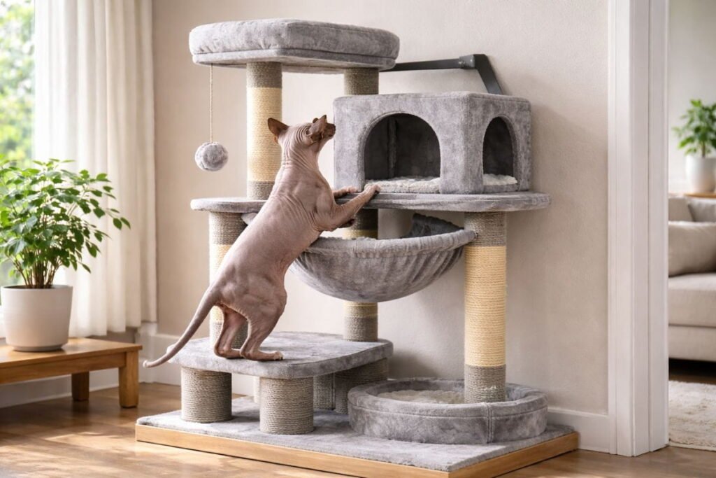 Safe cat tree for large cats setup with wide base and wall anchor to prevent tipping in a home.